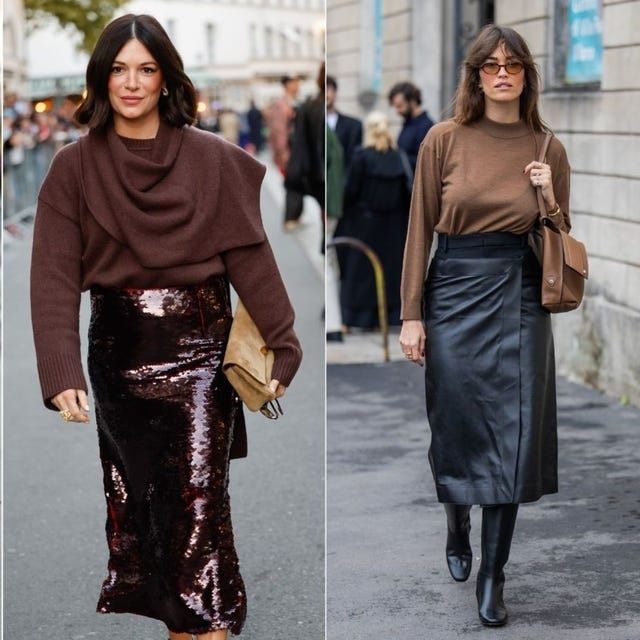 Två monokroma streetstylelooks med stickat, paljetter och skinn